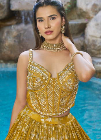 Mustard Yellow Embroidered Lehenga Choli In Banarasi Silk