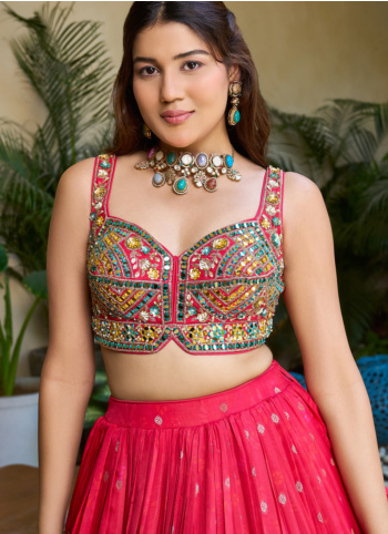 Hot Pink Embroidered Silk Lehenga Choli