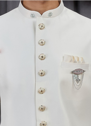 Off White Thread Embroidered Indowestern Set