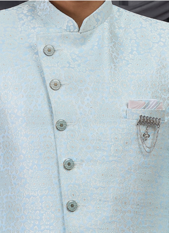 Wedding Wear Light Sky Blue Jacquard Silk Indowestern Set