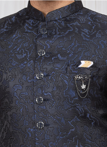 Navy Jaquard Silk Indowestern Set