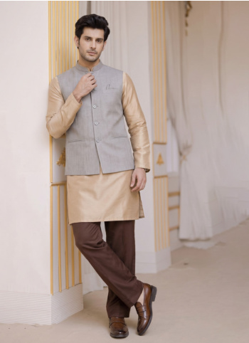 Linen Fabric Grey Nehru Jacket For Men