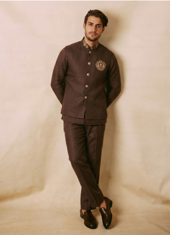 Festive Wear Brown Embroidered Nehru Jacket Set