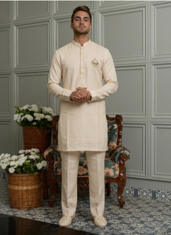 Cream Linen Cotton Kurta Pajama Set