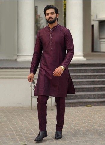 Festive Wear Wine Silk Kurta Pajama