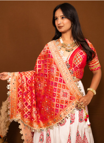 White And Red Cotton Embroidered Chaniya Choli