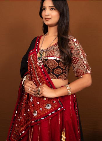 Maroon And Black Embroidered Cotton Chaniya Choli