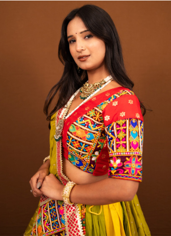 Mustard Yellow And Magenta Embroidered Cotton Chaniya Choli