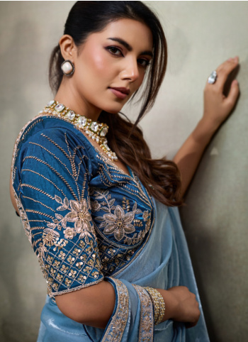 Sky Blue Color Organza Saree With Embroidered Border