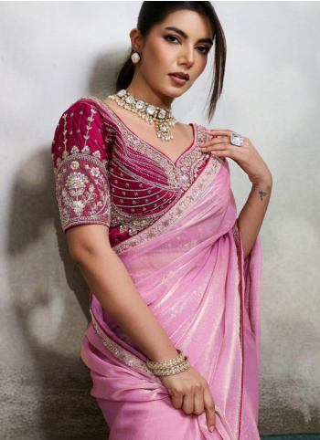 Pink Color Organza Embroidered Saree
