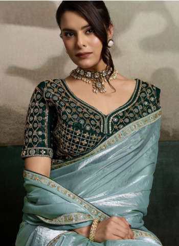 Embroidered Green Organza Saree