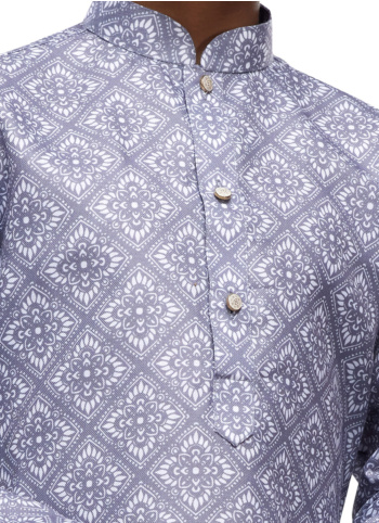 Grey Color Printed Kurta Pajama In Cotton Fabric