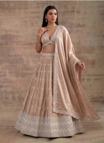 Dark Cream Embroidered Satin Silk Lehenga Choli