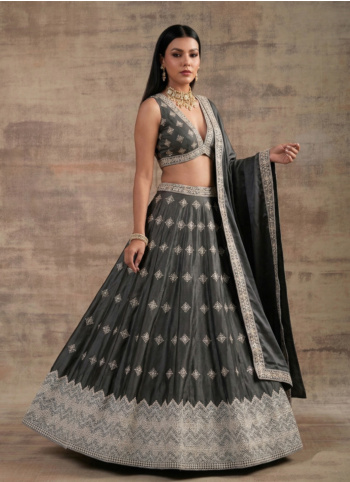 Dark Grey Embroidered Satin Silk Lehenga Choli
