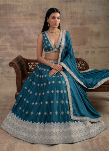 Peacock Blue Embroidered Satin Silk Lehenga Choli