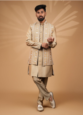 Traditional Gold Art Silk Nehru Jacket Set