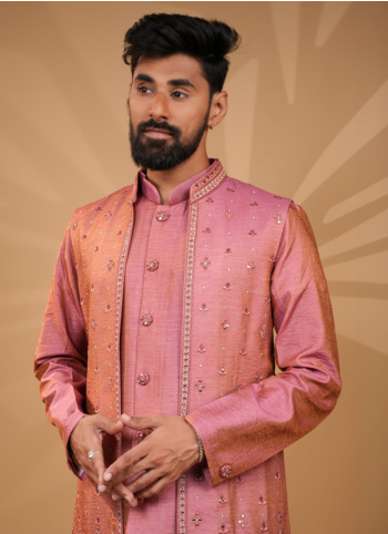 Gajari Pink Art Silk Nehru Jacket Set With Mirror Work