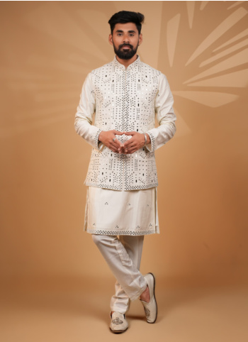 Mirror Embroidered Art Silk Nehru Jacket Set