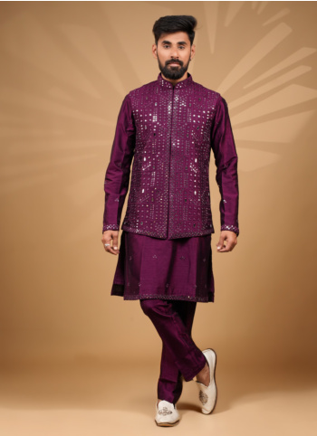 Mirror Embroidered Purple Art Silk Nehru Jacket Set
