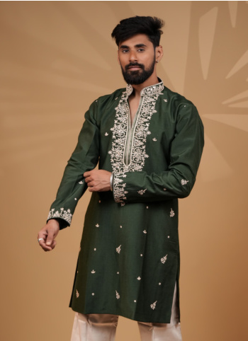 Thread Embroidered Art Silk Mehndi Green Nehru Jacket Set
