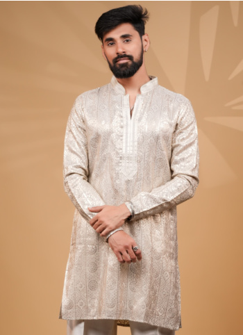 Cream Sequins Embroidered Silk Kurta Pajama