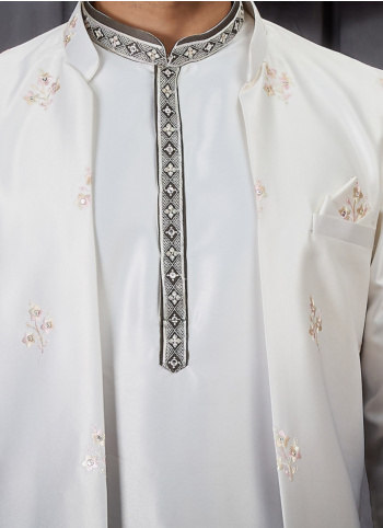 Green And White Shaded Embroidered Art Silk Nehru Jacket Set