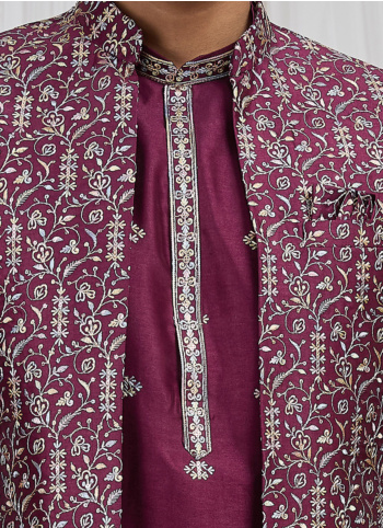 Wine Embroidered Art Silk Nehru Jacket Set