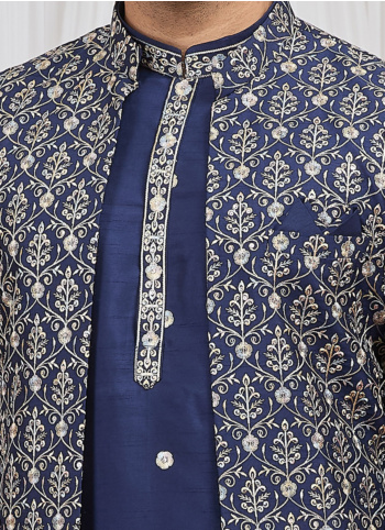 Blue Embroidered Art Silk Nehru Jacket Set