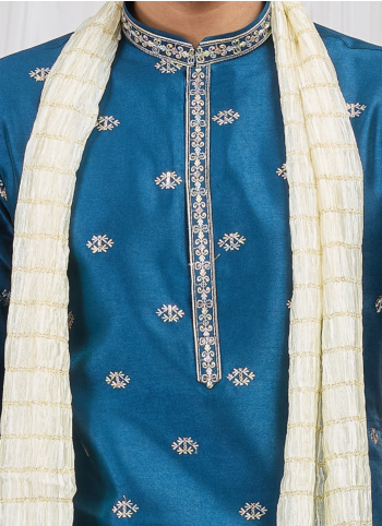Stylish Teal Blue Embroidered Art Silk Kurta Pajama Set With Dupatta