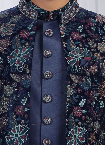 Navy Blue Embroidered Velvet And Art Silk Indowestern Set
