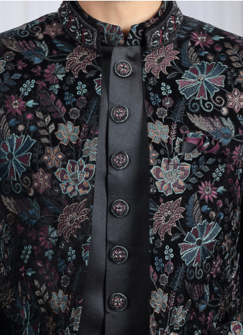 Black Embroidered Velvet And Art Silk Indowestern Set