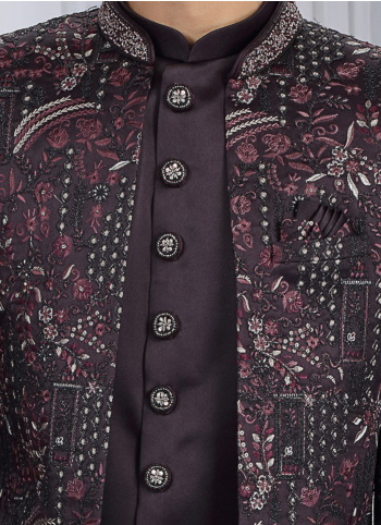 Wine Embroidered Art Silk Indowestern Set