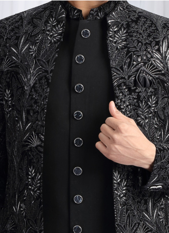 Black Embroidered Velvet And Art Silk Indowestern Set