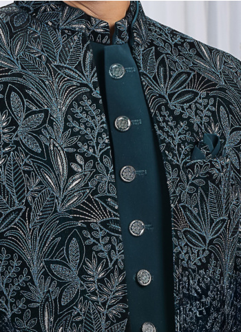 Teal Blue Embroidered Velvet And Art Silk Indowestern Set