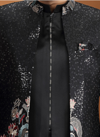 Black Art Silk Indowestern Set With Embroidered Jacket