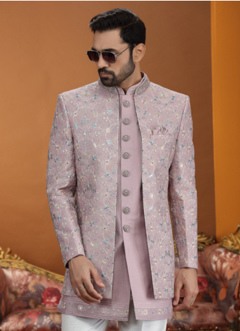 Stylish Onion Pink Indowestern Set With Embroidered Jacket For Wedding