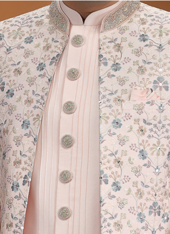 Elegant Pink Embroidered Jacket Style Indowestern For Wedding