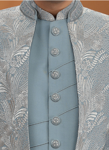 Designer Powder Blue Embroidered Indowestern Set For Men