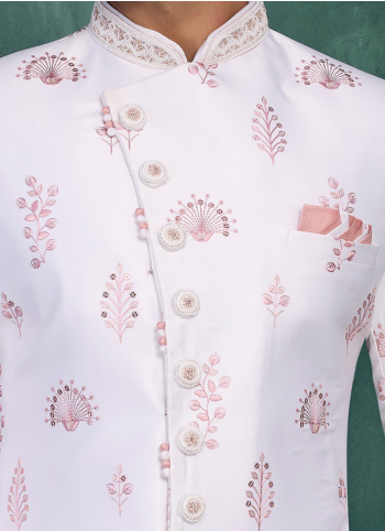 Off White Embroidered Art Silk Sherwani For Men