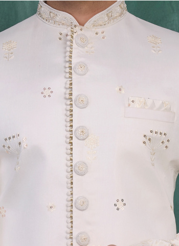 Off White Art Silk Embroidered Sherwani For Men