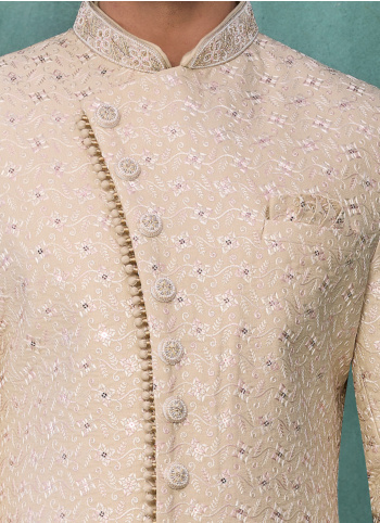 Beige Embroidered Art Silk Sherwani For Men