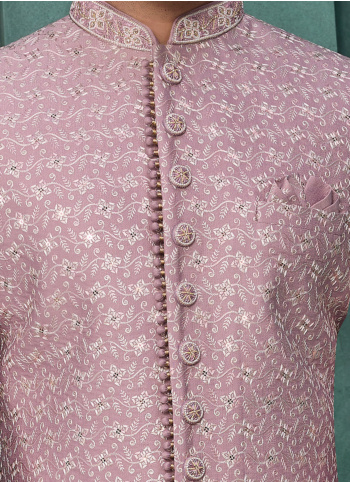 Onion Pink Art Silk Embroidered Sherwani For Groom