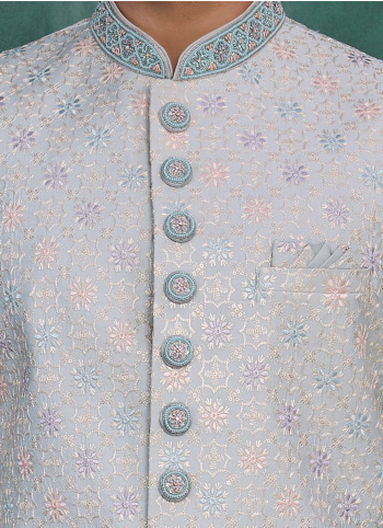 Light Blue Art Silk Embroidered Sherwani For Men