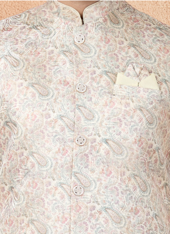 Beige Jacquard Fabric Printed Mens Nehru Jacket
