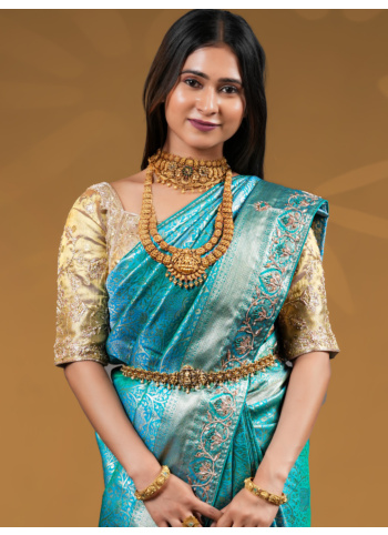 Rama Color Embroidered Banarasi Silk Saree