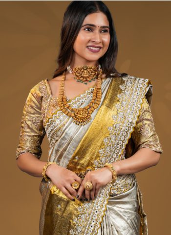 Silver And Golden Embroidered Kanjivaram Silk Saree
