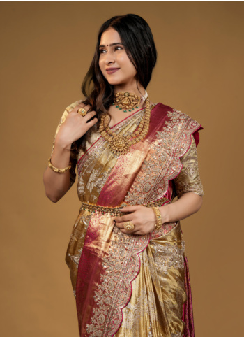 Golden And Pink Embroidered Kanjivaram Silk Saree