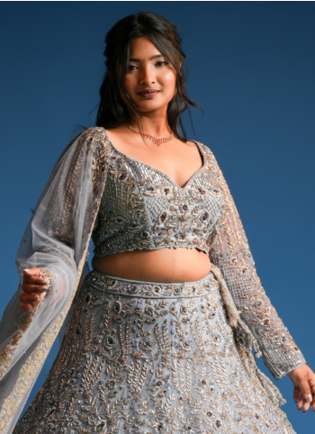 Powder Blue Luxury Hand Embroidered Wedding Lehenga Choli