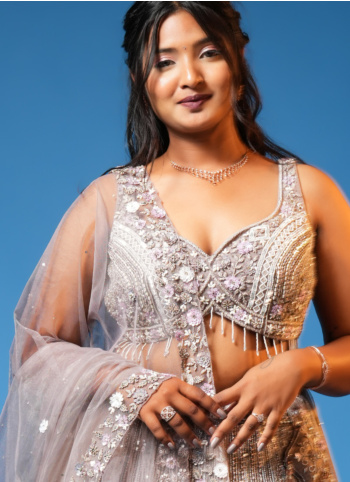Attractive Hand Embroidered Beige Lehenga Choli With Dupatta