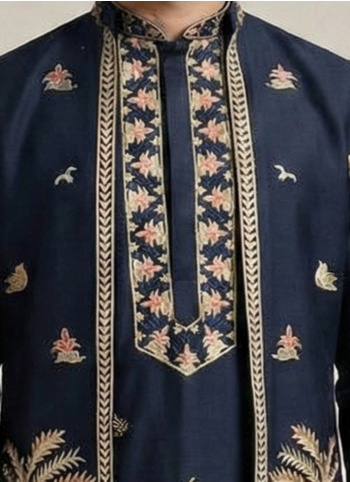 Navy Embroidered Satin Indowestern Set With Jacket